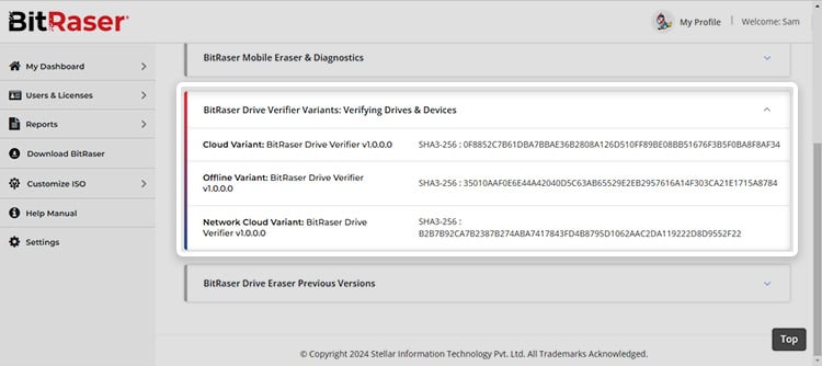 BitRaser Cloud Console download section with the BitRaser Drive Eraser cloud variant option highlighted