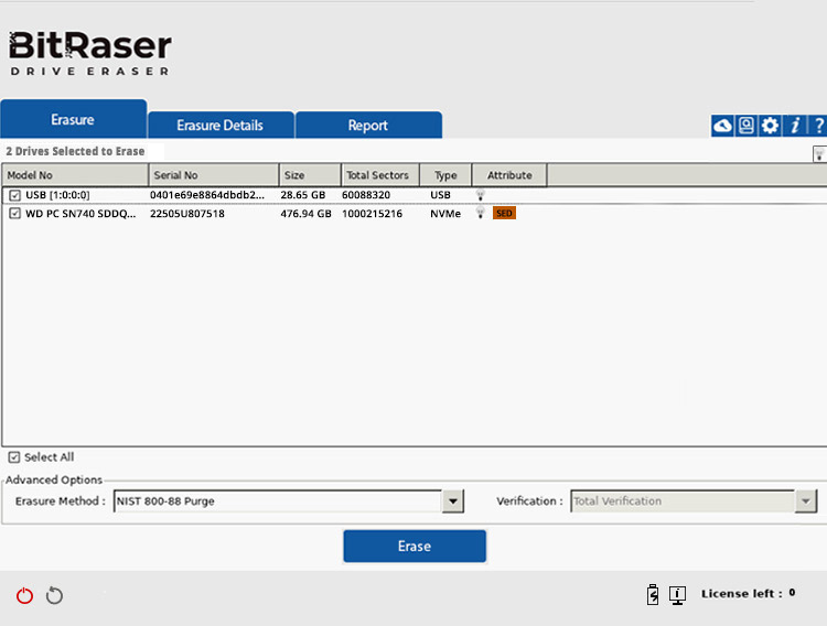 BitRaser Drive Eraser Main Interface