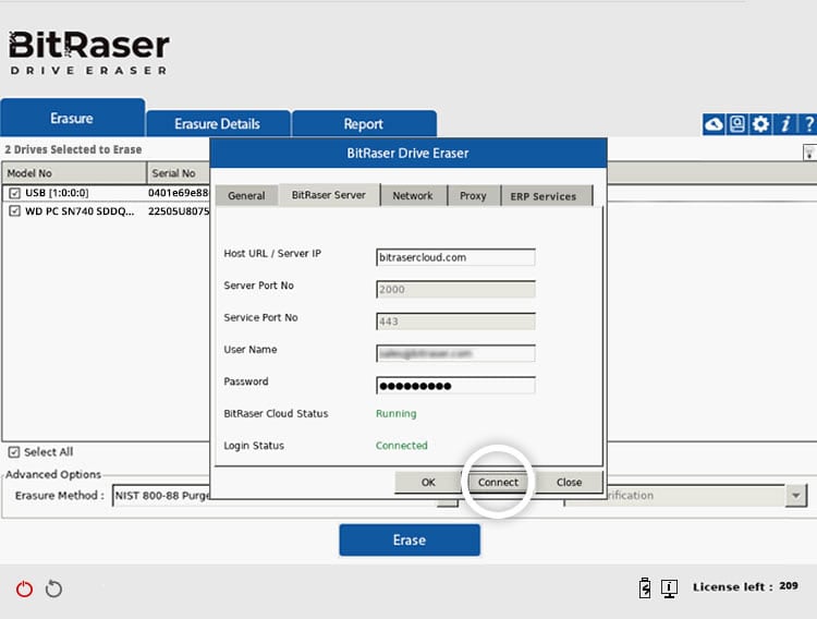 Connect  the BitRaser Application to the BitRaser Server