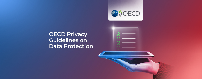 Illustration of OECD Privacy Guidelines on Data Protection with a checklist on a digital tablet screen, symbolizing data privacy compliance.