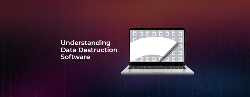 Illustration of a laptop showing data destruction software in action.