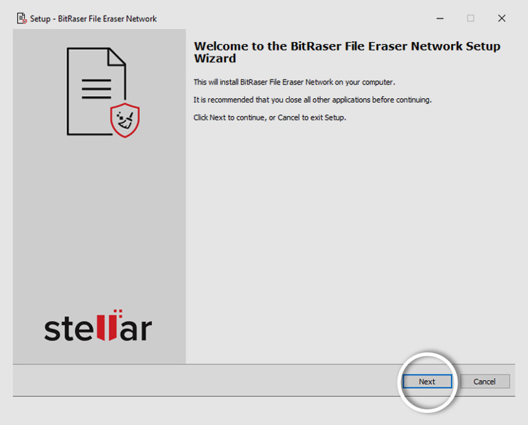 BitRaser File Eraser Network Setup Wizard Next button highlighted