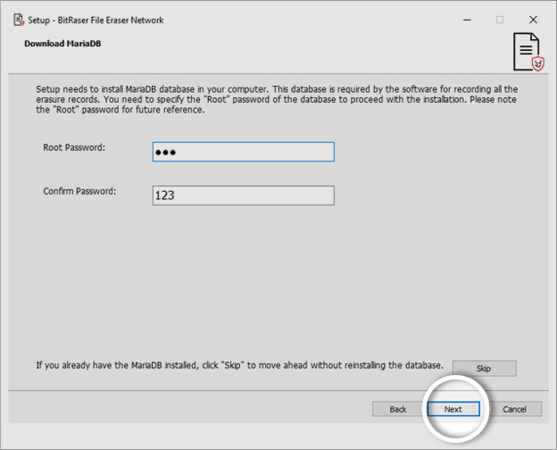Download MaraDB Root Password Next butto highlighted BitRaser File Eraser Network 