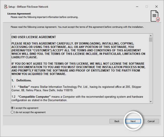 BitRaser File Eraser Network License Agreement Screen Next button highlighted