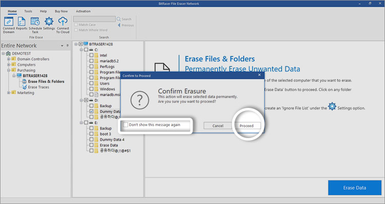 BitRaser File Eraser Network Confirm Erasure screen with Proceed button and Don't show this message again highlighted