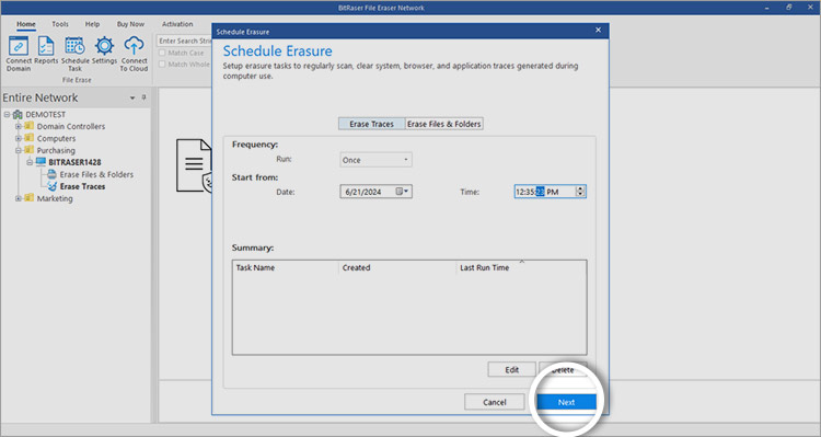 Schedule Erasure screen BitRaser File Eraser Network Next button Highlighted