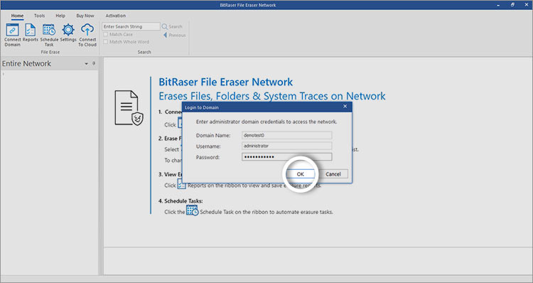 BitRaser File Eraser Network Login to Domain screen with OK button highlighted