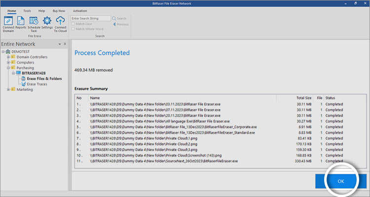 File & Folder Erasure process completed screen