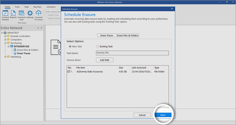 Schedule Erasure screen with Path for file to erase added Next button Highlighted