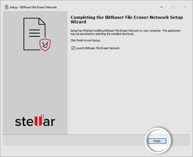 Completing BitRaser File Eraser Network Setup Screen Finish button highlighted