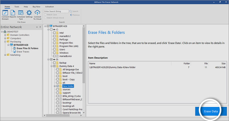 Erase Files & Folders Screen Erase Data button highlighted