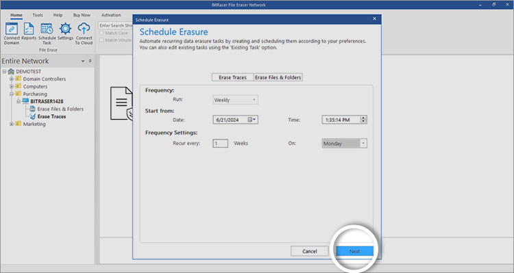 Schedule Erasure screen with Frequency, Start From, Frequency Settings done and Next button Highlighted