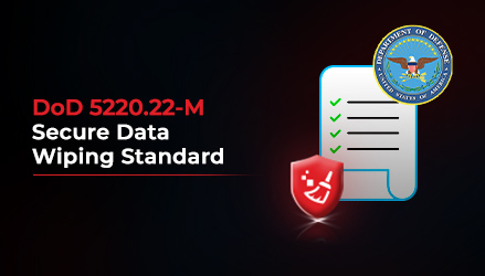 Illustration highlighting the DoD 5220.22-M Secure Data Wiping Standard. The image features a checklist icon with green checkmarks, a red shield symbol representing data protection, and the Department of Defense emblem on a dark background.