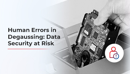 Image showing a degausser with a human risk icon with text on the image that reads Human errors in degaussing: Data security at risk