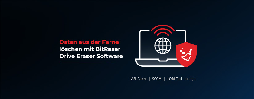 Das Bild zeigt einen Laptop mit Internetverbindung und dem Text "Remote Wipe Data using BitRaser Drive Eraser Software"