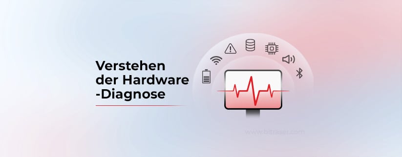 Computerbildschirm mit Diagnosezeile, umgeben von Anschlusssymbolen