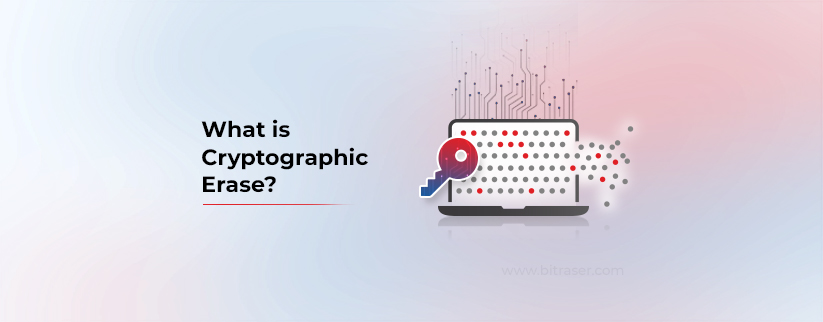 An image depicting a laptop on the right side with dots symbolizing data flowing out of it. A cryptographic key symbol is superimposed on the data flow, with text displayed on the left side.