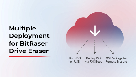 Graphic showing Cloud icon on the right with three downward-pointing arrows showing BitRaser Drive Eraser deployment options: Burn ISO on USB, Deploy ISO via PXE, and MSI package for remote erasure.