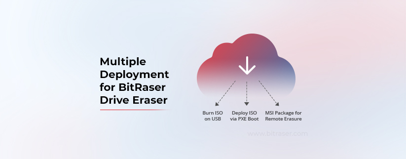 Cloud icon on the right with three downward-pointing arrows showing BitRaser Drive Eraser deployment options: Burn ISO on USB, Deploy ISO via PXE, and MSI package for remote erasure.