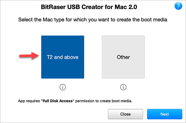 Wählen Sie die Option T2 und höher, um einen bootfähigen USB-Stick für M1 Mac zu erstellen.