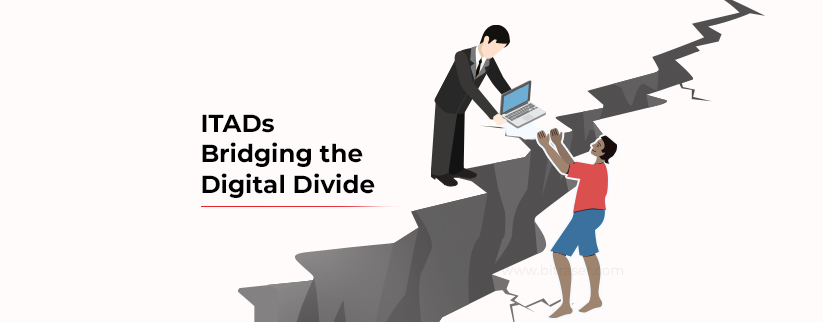 This image has text "ITADs bridging the digital divide" written on the left and an employee giving a laptop to a child over the crack in the ground. 