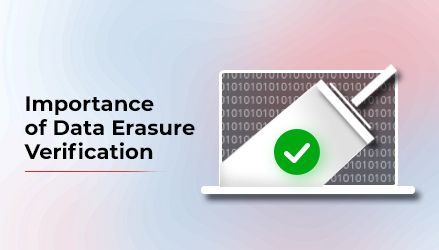 Image of a laptop displaying binary "1"s and "0"s being wiped with a wiper, with a green checkmark in the wiped area on the right, indicating successful data erasure verification, with text on left.