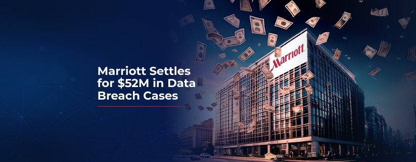 An image of a Marriott hotel building with the company logo, surrounded by flying dollar bills. On the left side, text reads, "Marriott Settles for $52M in Data Breach Cases."