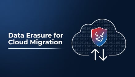 An image showing a cloud icon with a binary code background. It has the BitRaser favicon shield symbol and upward/downward arrows, accompanied by the text 'Data Erasure for Cloud Migration' on a dark blue gradient.