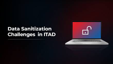 A graphic illustrating "Data Sanitization Challenges in ITAD" with an image of a laptop displaying an unlocked padlock icon on the screen, symbolizing data security concerns.