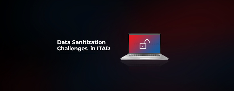 A graphic illustrating "Data Sanitization Challenges in ITAD" with an image of a laptop displaying an unlocked padlock icon on the screen, symbolizing data security concerns, against a dark gradient background.