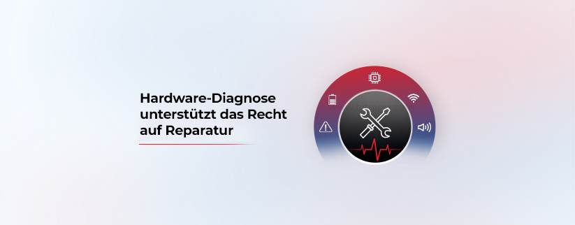 Bild zeigt mehrere Probleme mit Fehlersymbolen, die in einer Hardware mit einer Reparatur Zeichen, das erklärt, wie Hardware-Diagnose unterstützt Recht auf Reparatur konfrontiert sind.