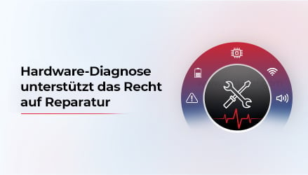 Das Bild zeigt verschiedene Probleme mit Fehlersymbolen, die in einer Hardware auftreten, sowie ein Reparatursymbol, das veranschaulicht, wie Hardware-Diagnosen das Recht auf Reparatur unterstützen können.