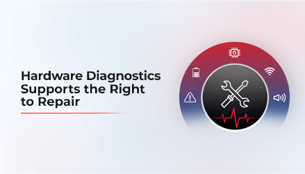 Image of a wrench and screwdriver crossed with a pulse line beneath, symbolizing hardware diagnostics supporting the Right to Repair; icons for battery, WiFi, volume, and CMOS represent various hardware components, with text on left.