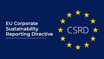 The image has a circle of yellow stars from the European Commission logo with CSRD in its center, on the right and the title of the blog EU-Corporate Sustainability Reporting Directive, on the left.