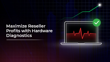 The thumbnail has text "Maximize Reseller Profits with Hardware Diagnostics" on the left, and a laptop showing a line graph in red covering half the screen, a white tick in green circle on the top right of the laptop, with dark red-blue gradient as the background.