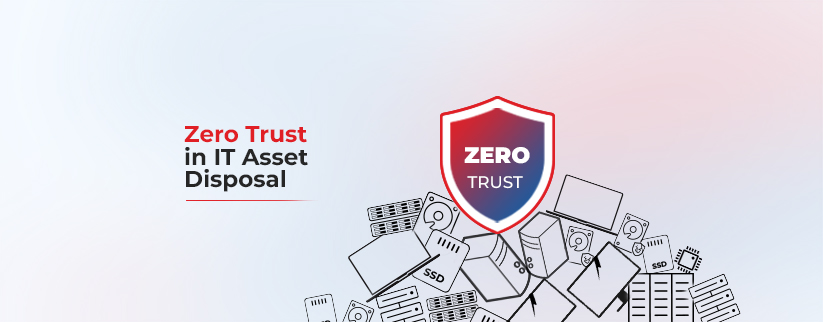 The image has blog title Zero Trust in IT Asset Disposal on the left and a shield with text 'ZERO Trust' in white color in its centre, below the shield are graphic images of different IT assets like laptops, drives, SSDs, computers, on the left. The background is a light blue-to-pink gradient. 