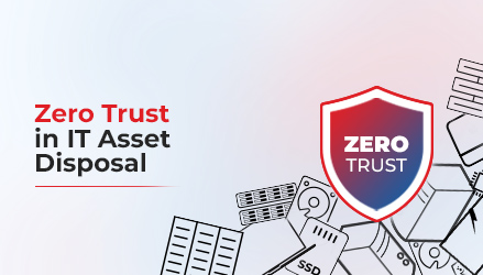 The thumbnail image has blog title 'Zero Trust in IT Asset Disposal' on the left and a shield with text 'ZERO Trust' in white color in its centre, below the shield lay lineart images of different IT assets like laptops, drives, SSDs, computers, on the left. The background is a light blue-to-pink gradient.