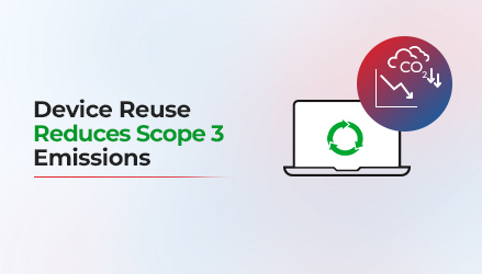 Minimalist graphic with 'Device Reuse Reduces Scope 3 Emissions' text and an icon of a laptop with a reuse symbol, emphasizing the impact of reuse on reducing carbon emissions.