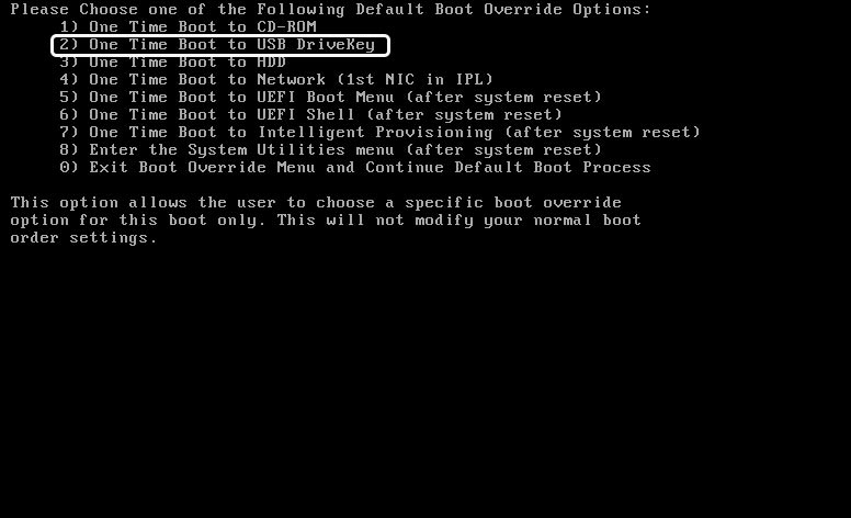 HP server boot menu, boot from USB selected