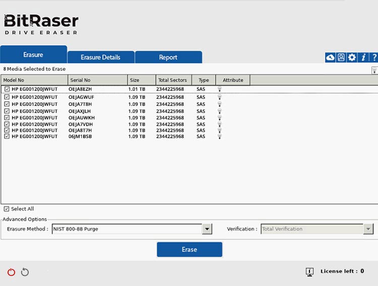 BitRaser Drive Eraser main screen with connected SAS drives