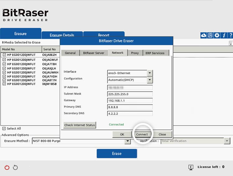 BitRaser Drive Eraser Network tab connected to internet