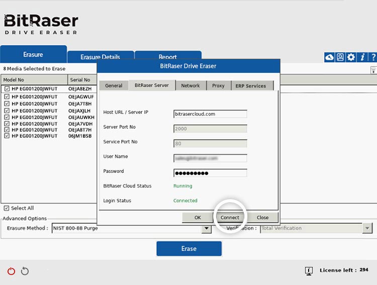 BitRaser Drive Eraser Server tab connected to BitRaser Cloud Console
