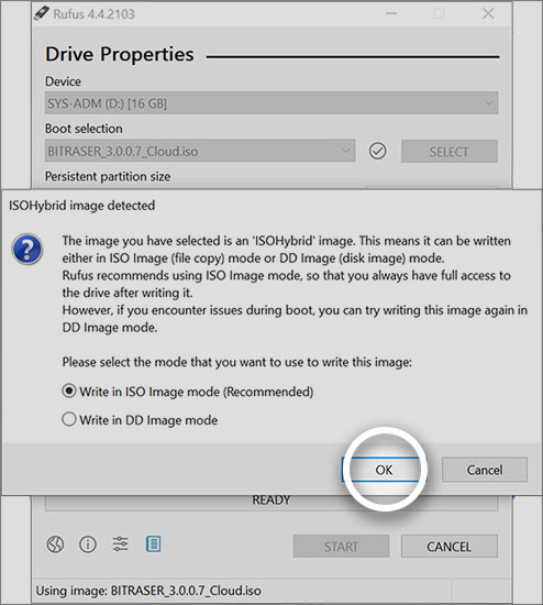 Rufus ISOHybrid image screen with OK highlighted