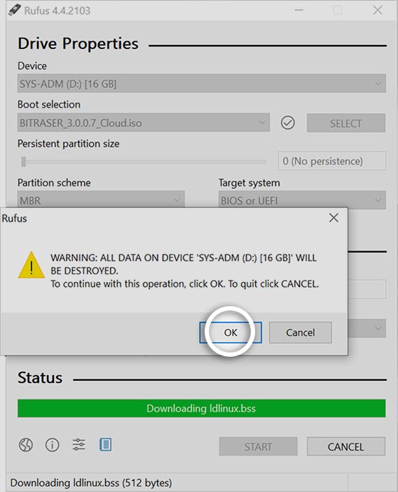 Data Destruction alert window Rufus with OK button highlighted 