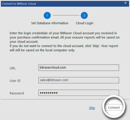 Enter BitRaser Cloud Credentials screens Connect button highlighted