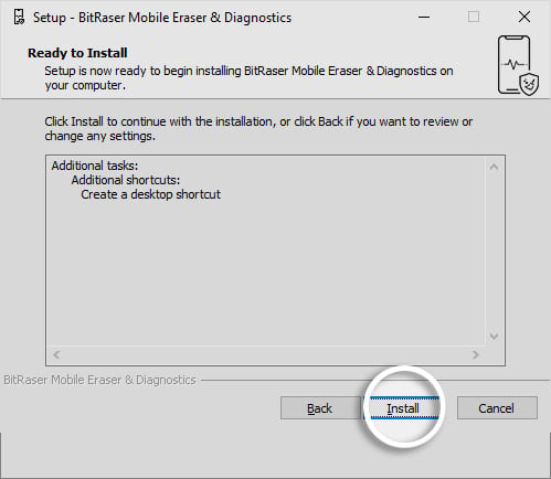 Ready for Install screen BitRaser Mobile Eraser & Diagnostics with Install button highlighted