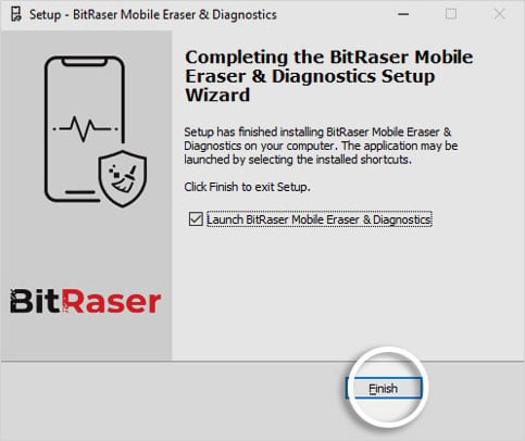 Installation Completed screen BitRaser Mobile Eraser & Diagnostics with Finish button highlighted