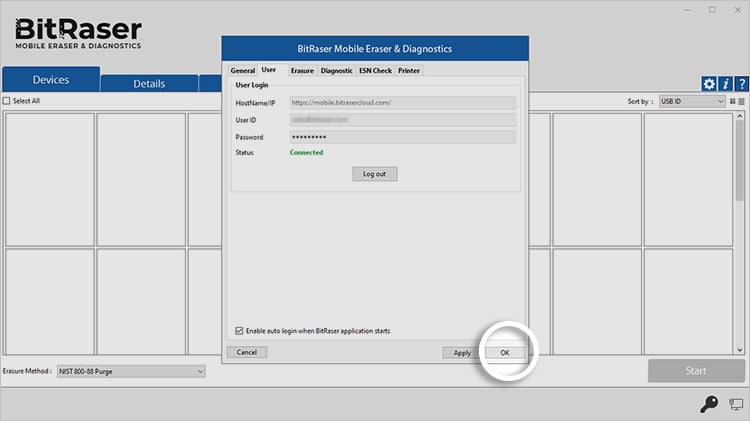 BitRaser Mobile Eraser & Diagnostics User Settings tab