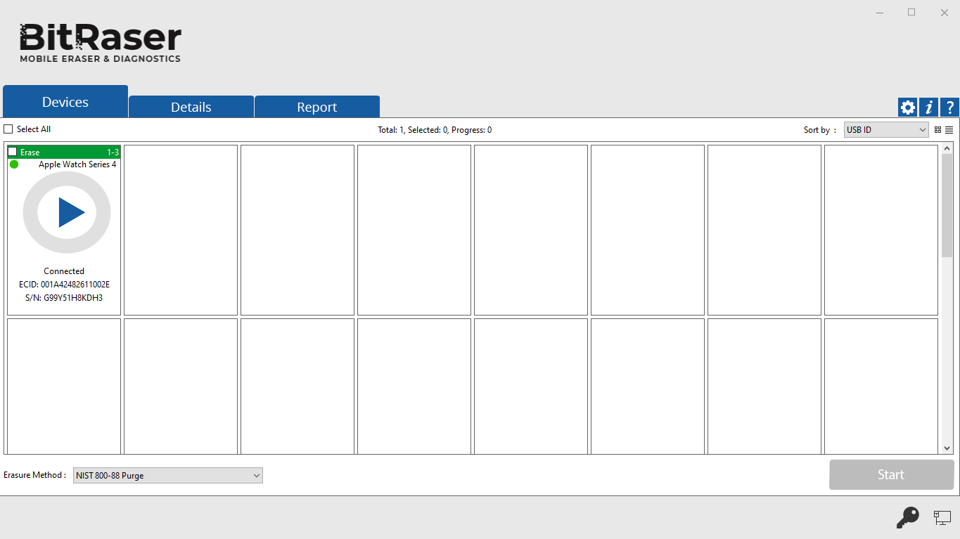 BitRaser Mobile Eraser & Diagnostics main screen showing connected Apple Watch