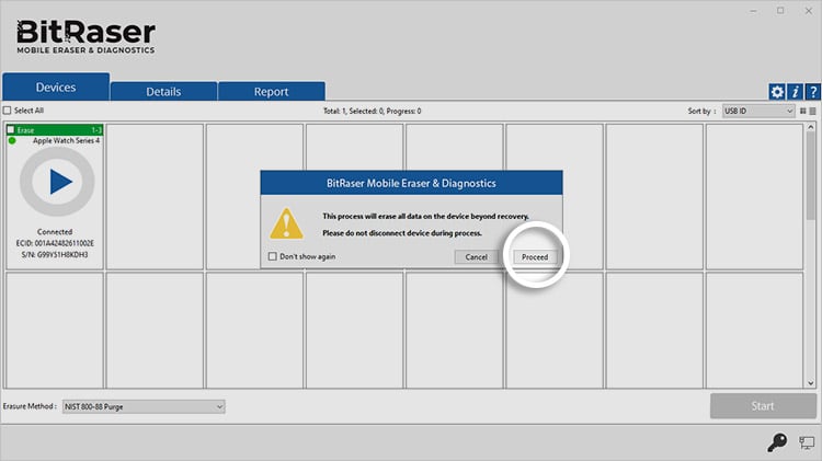 BitRaser Mobile Eraser & Diagnostics Alert screen with Proceed button highlighted